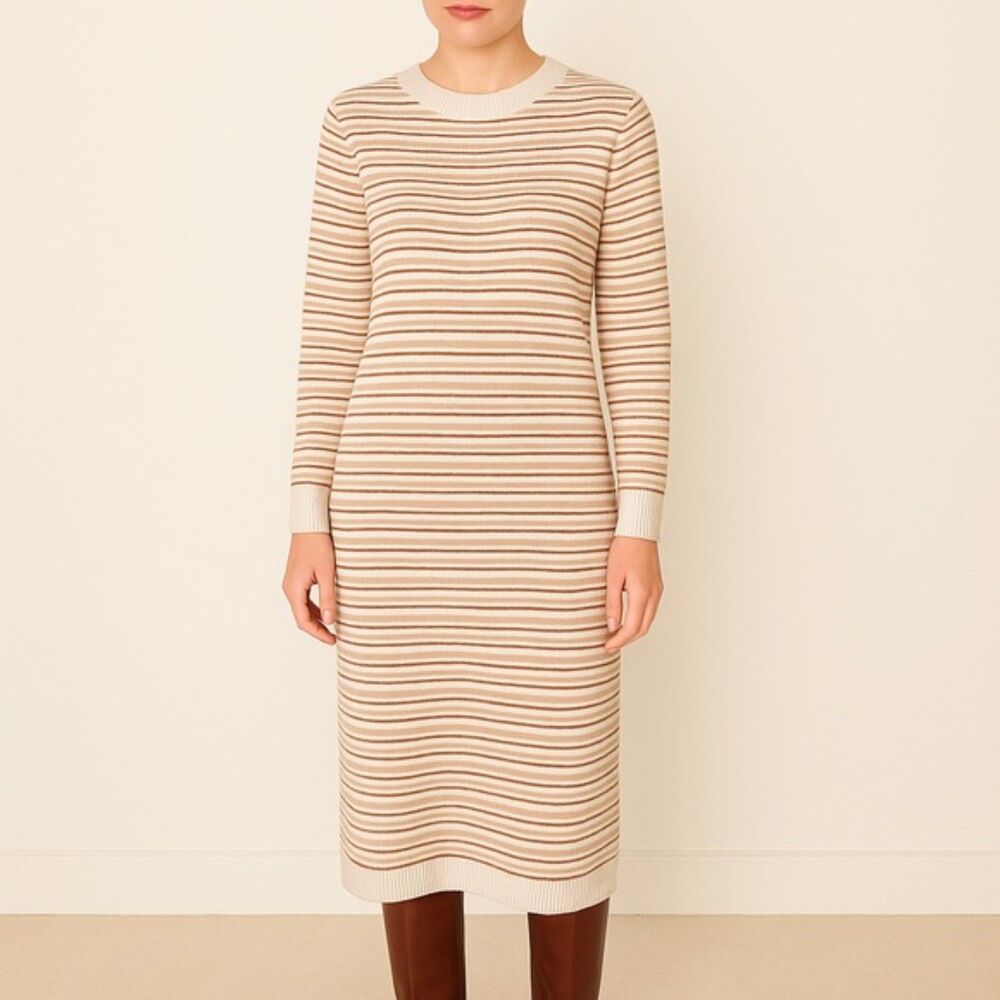 NWT Roolee Striped Midi Sweater Dress Cream Tan Pink Long Sleeve Size Small NEW